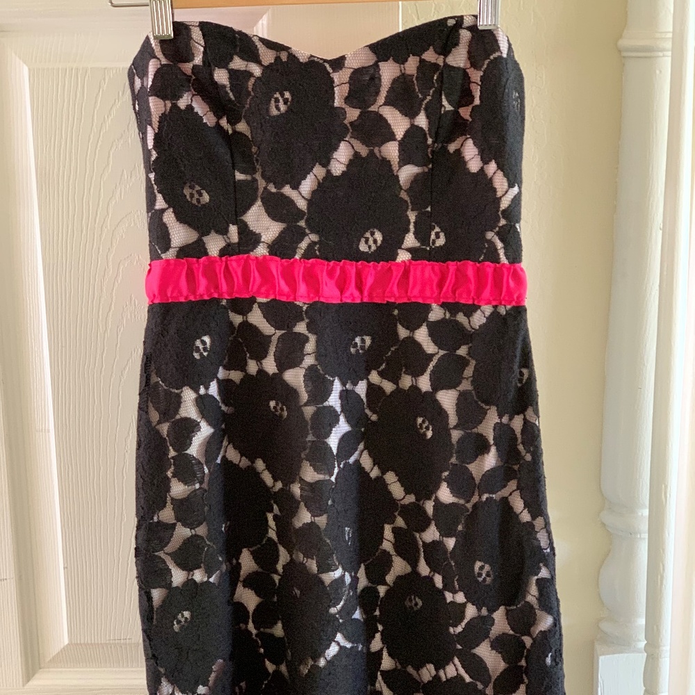 Black lace strapless mini dress